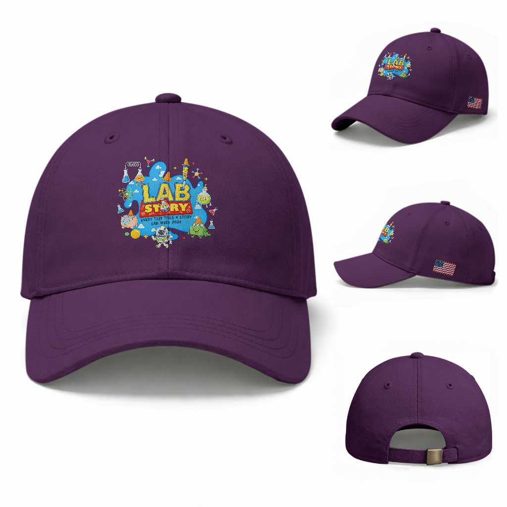 Lab Story Lab Week 2026 Celebration Baseball Cap Every Test Tells a Story Medical Lab Tech Appreciation Gift TS02 Baseball Cap Universal Fit Purple Print Your Wear