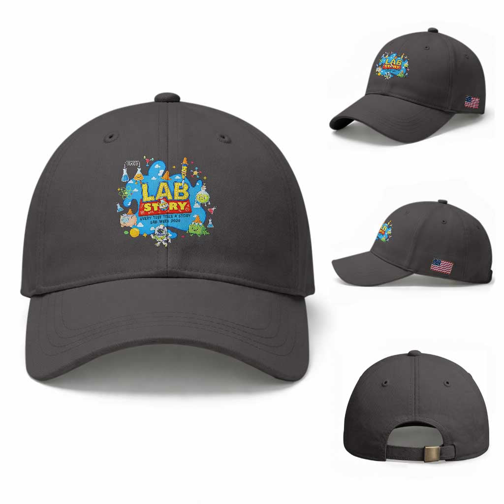 Lab Story Lab Week 2026 Celebration Baseball Cap Every Test Tells a Story Medical Lab Tech Appreciation Gift TS02 Baseball Cap Universal Fit Dark Gray Print Your Wear