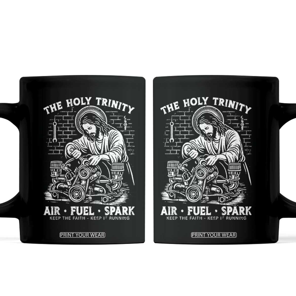 Funny Mechanic Jesus Holy Trinity Air Fuel Spark Coffee Mug Christian Car Lover Humor Gift for Gearheads TS02 Black Print Your Wear
