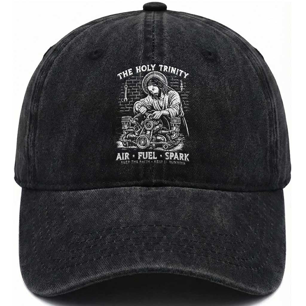 Funny Mechanic Jesus Holy Trinity Air Fuel Spark Washed Cotton Baseball Cap Christian Car Lover Humor Gift for Gearheads TS02 Print Your Wear