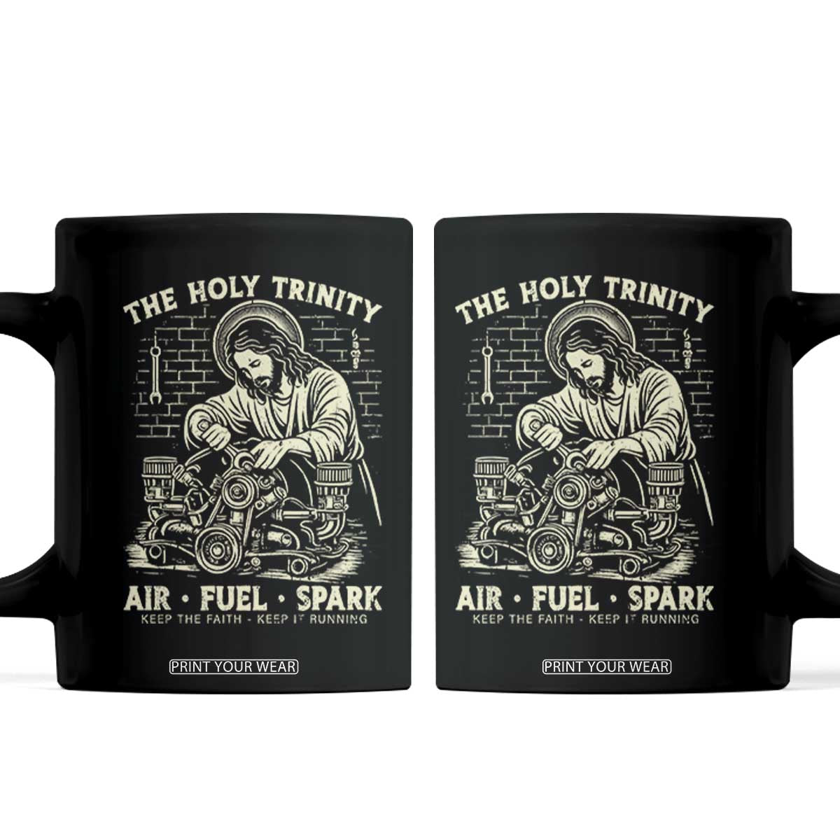 Funny Mechanic Jesus Holy Trinity Air Fuel Spark Vintage Coffee Mug Christian Car Lover Humor Gift for Gearheads TS02 Black Print Your Wear