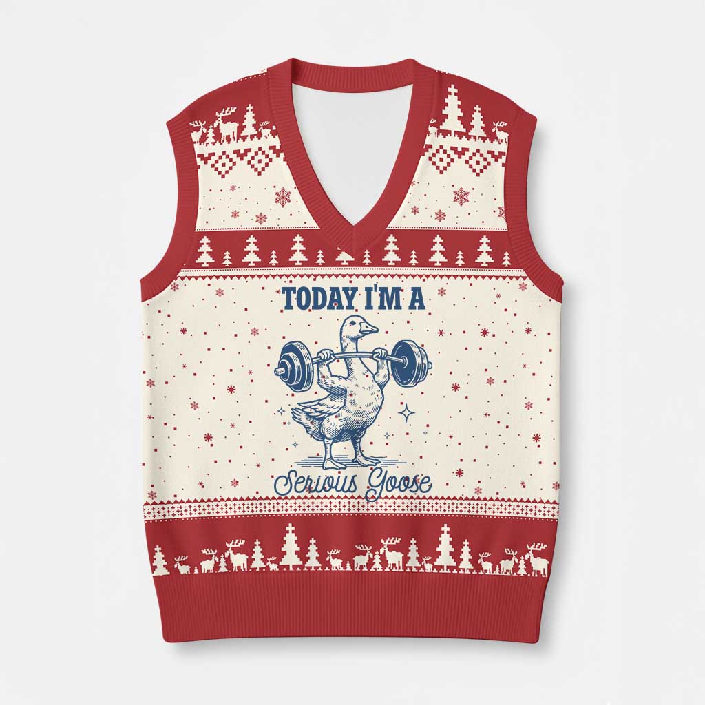 Funny Workout Silly Goose V-Neck Knit Sweater Vest Today I'm A Serious Goose Lifting Weights Gym TS02 Beige Red Print Your Wear
