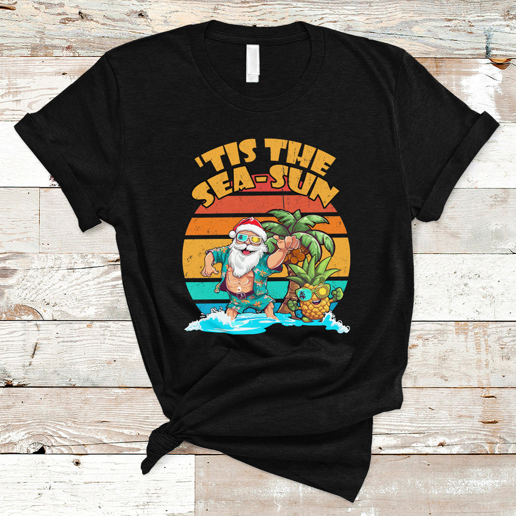 Tis The Sea-Sun Santa Beach Summer Season Christmas In July T Shirt TS02 Black Printyourwear