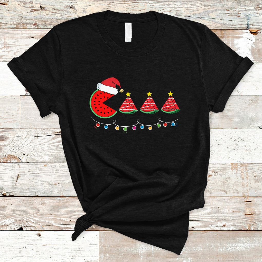 Lighting Santa Watermelon Pie Eating Christmas In July T Shirt TS02 Black Printyourwear