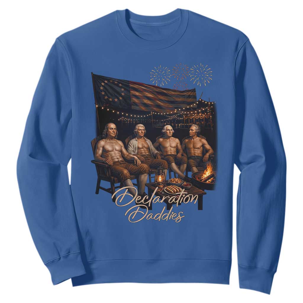 Declaration Daddies Campfire Gathering Graphic Sweatshirt Shirtless Founding Fathers Patriotic Summer 4th of July Celebration TS02 Royal Blue Print Your Wear