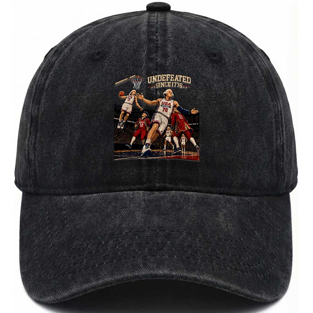 Undefeated Since 1776 George Washington Basketball Washed Cotton Baseball Cap Funny USA Dream Team Founding Fathers Slam Dunk Patriotic Sports TS02 Print Your Wear