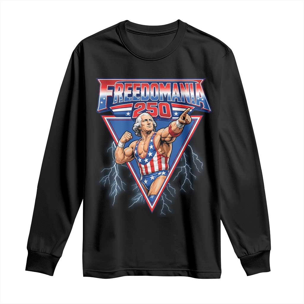 Freedomania 250 George Washington Wrestler Graphic Long Sleeve Shirt Funny Muscular President Lightning 1776 to 2026 Semiquincentennial TS02 Black Print Your Wear