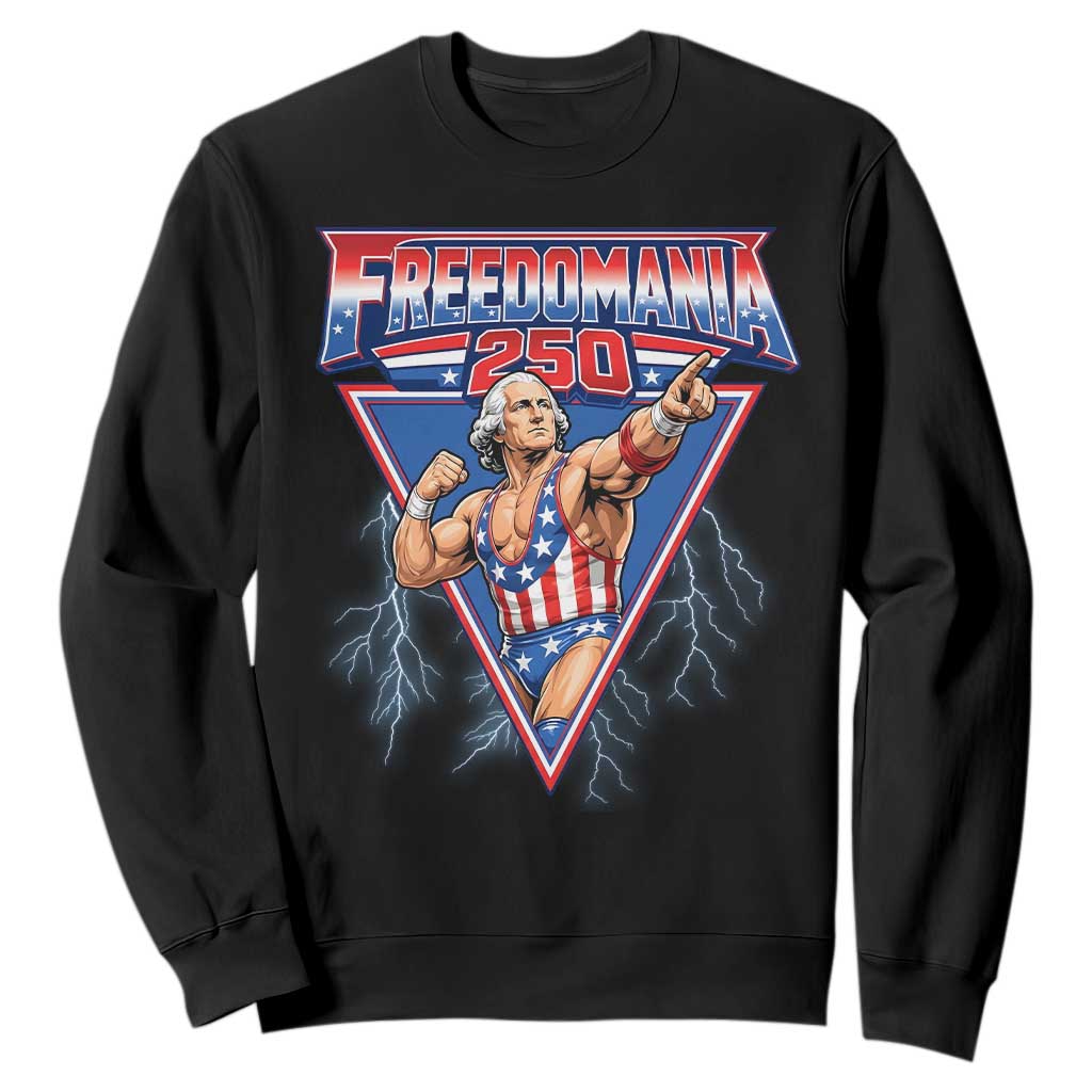 Freedomania 250 George Washington Wrestler Graphic Sweatshirt Funny Muscular President Lightning 1776 to 2026 Semiquincentennial TS02 Black Print Your Wear