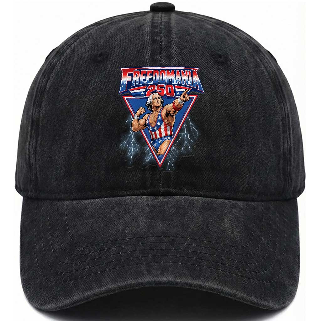 Freedomania 250 George Washington Wrestler Graphic Washed Cotton Baseball Cap Funny Muscular President Lightning 1776 to 2026 Semiquincentennial TS02 Print Your Wear