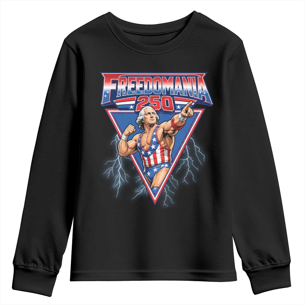 Freedomania 250 George Washington Wrestler Graphic Youth Sweatshirt Funny Muscular President Lightning 1776 to 2026 Semiquincentennial TS02 Black Print Your Wear