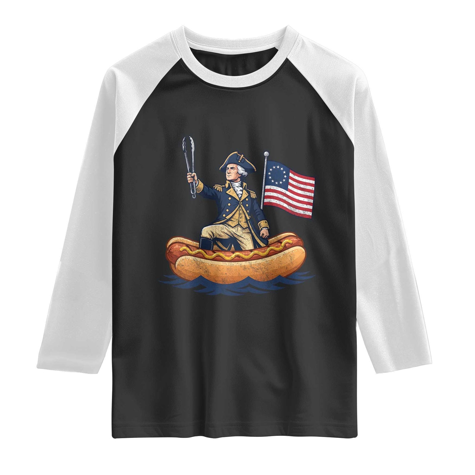 George Washington Crossing The Delaware on Hot Dog Boat Raglan Shirt Funny BBQ Party 4th of July Graphic TS02 Black White Print Your Wear