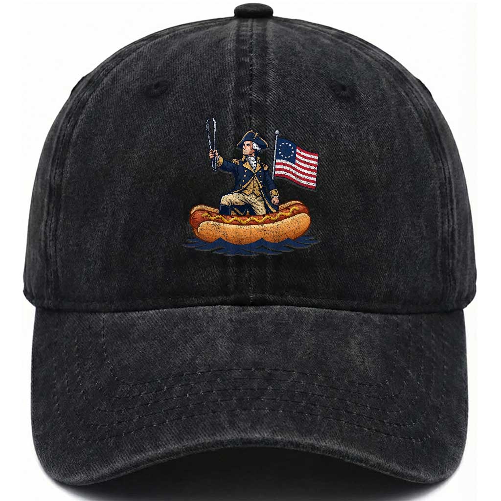 George Washington Crossing The Delaware on Hot Dog Boat Washed Cotton Baseball Cap Funny BBQ Party 4th of July Graphic TS02 Print Your Wear
