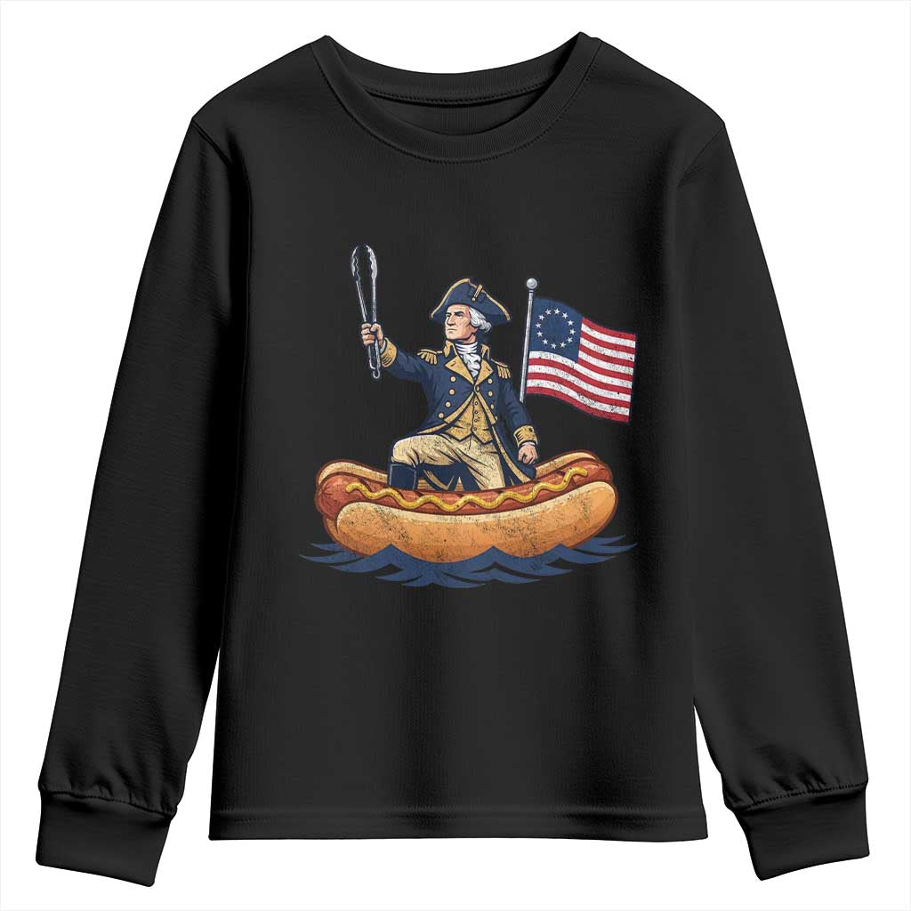 George Washington Crossing The Delaware on Hot Dog Boat Youth Sweatshirt Funny BBQ Party 4th of July Graphic TS02 Black Print Your Wear
