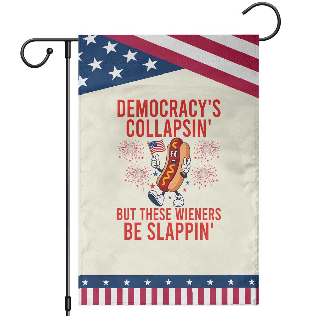 Funny Hotdog Cartoon 4th of July Fireworks Patriotic Garden Flag Democracys Collapsin But These Wieners Be Slappin TS02 Modern Beige Blue Print Your Wear