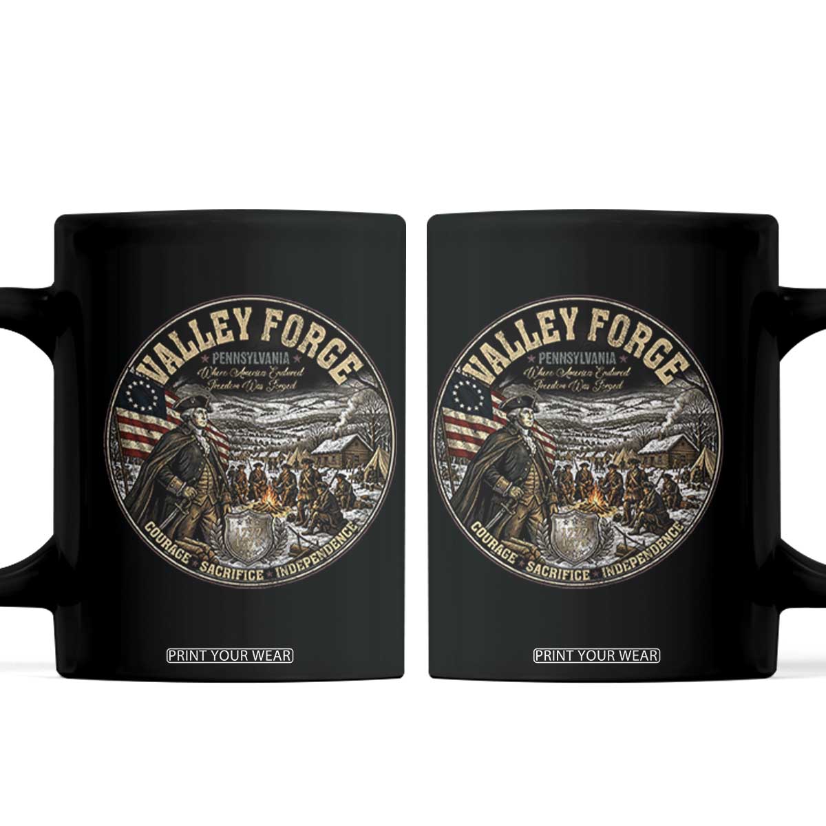 Valley Forge Pennsylvania 1777 George Washington Coffee Mug Revolutionary War Vintage American History Graphic TS02 Black Print Your Wear