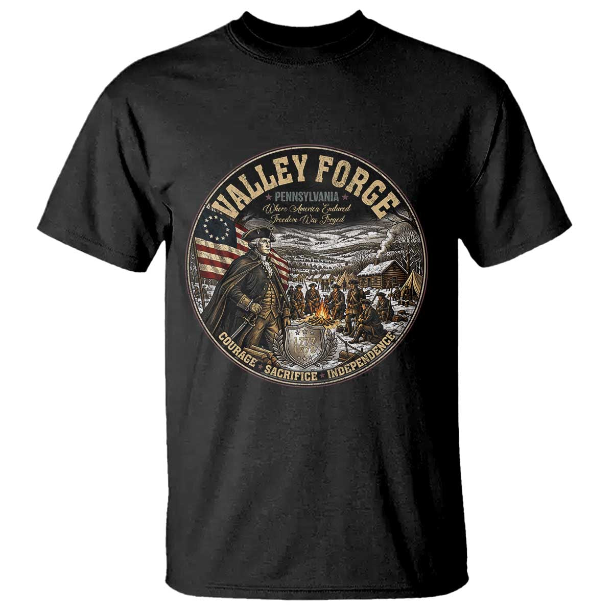 Valley Forge Pennsylvania 1777 George Washington T Shirt Revolutionary War Vintage American History Graphic TS02 Black Print Your Wear