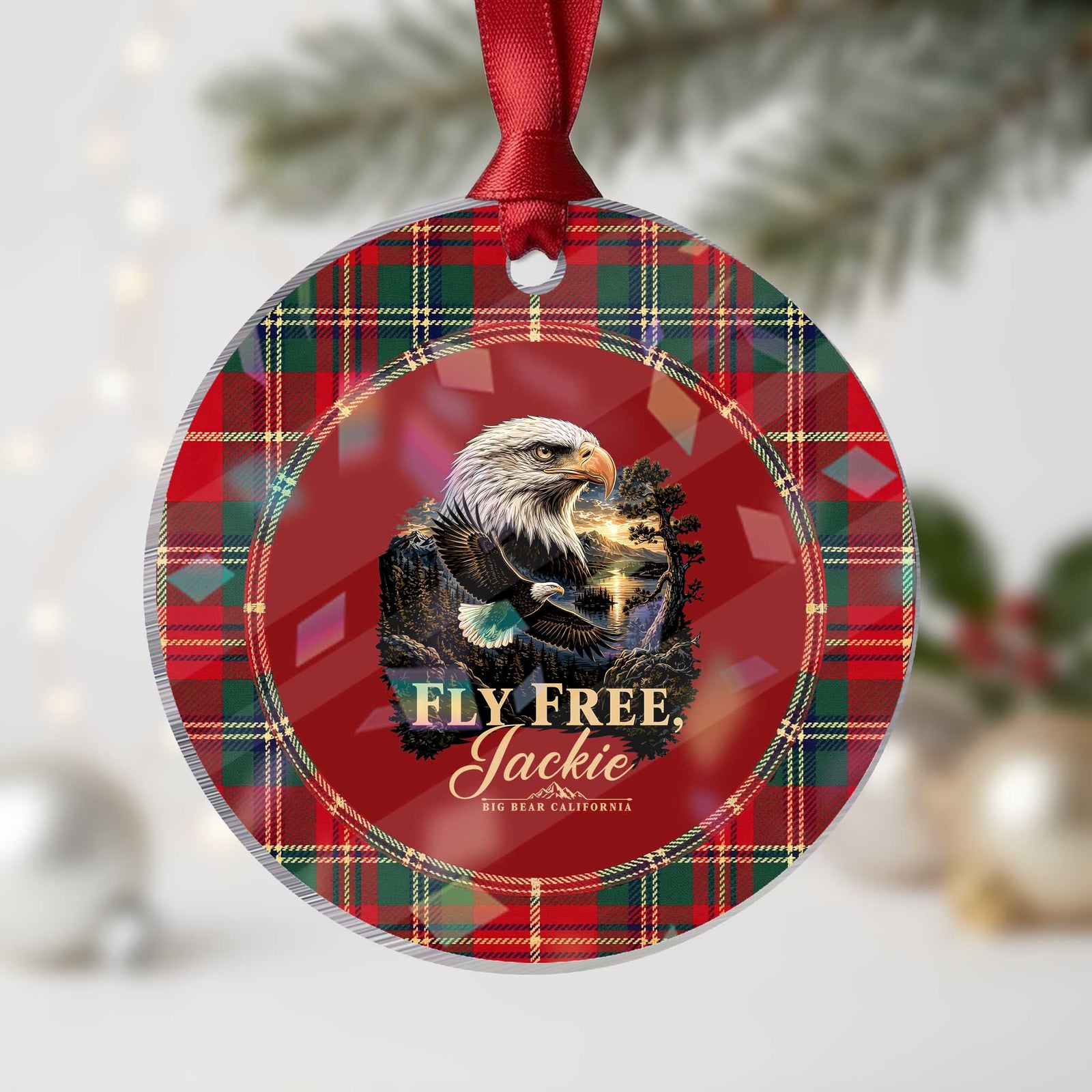 Fly Free Jackie Big Bear Bald Eagle Memorial Holographic Acrylic Ornament California Valley Sunset Forest Nature Graphic