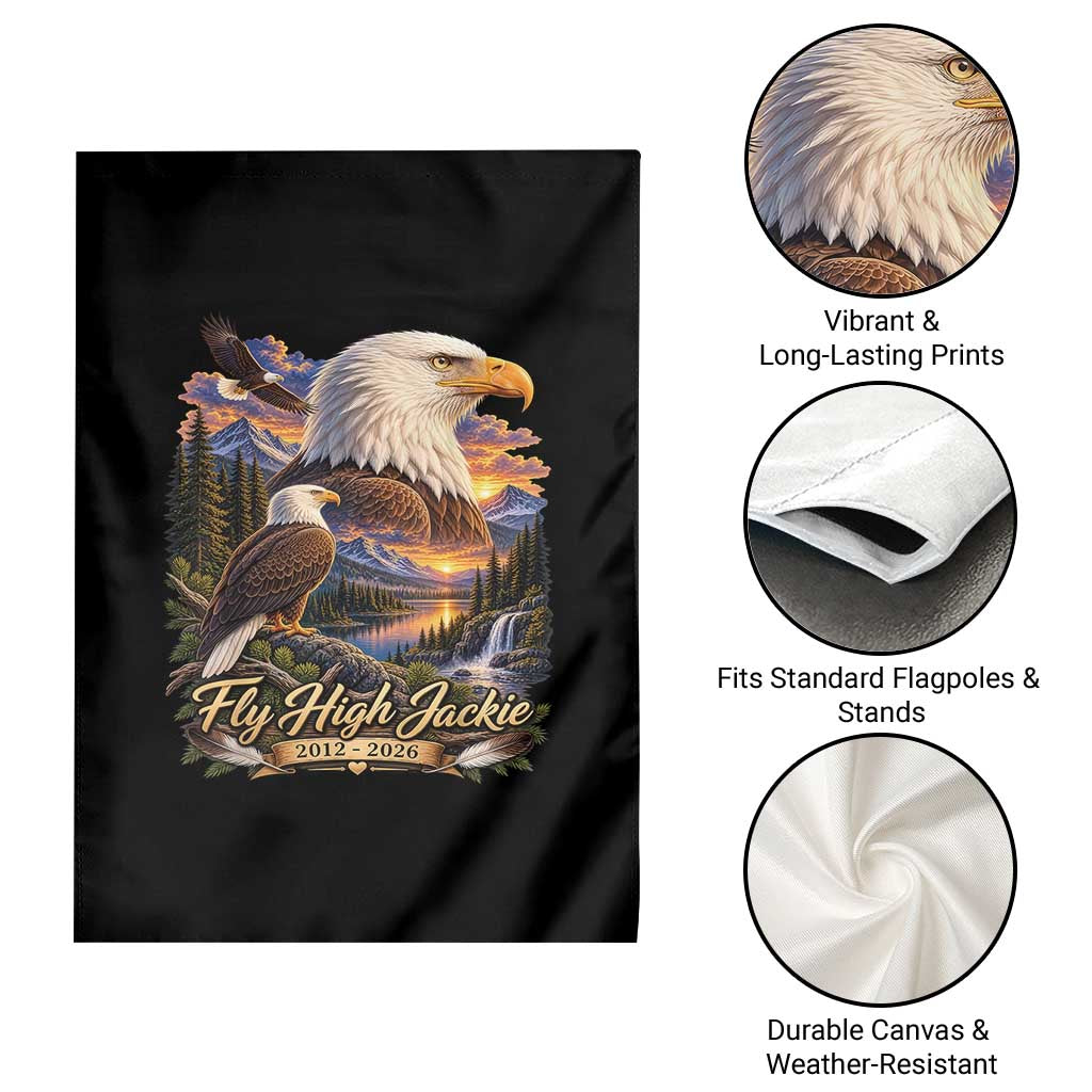 Fly High Jackie Bald Eagle Memorial Garden Flag Scenic Mountain Sunset Lake Nature Graphic TS02 Print Your Wear