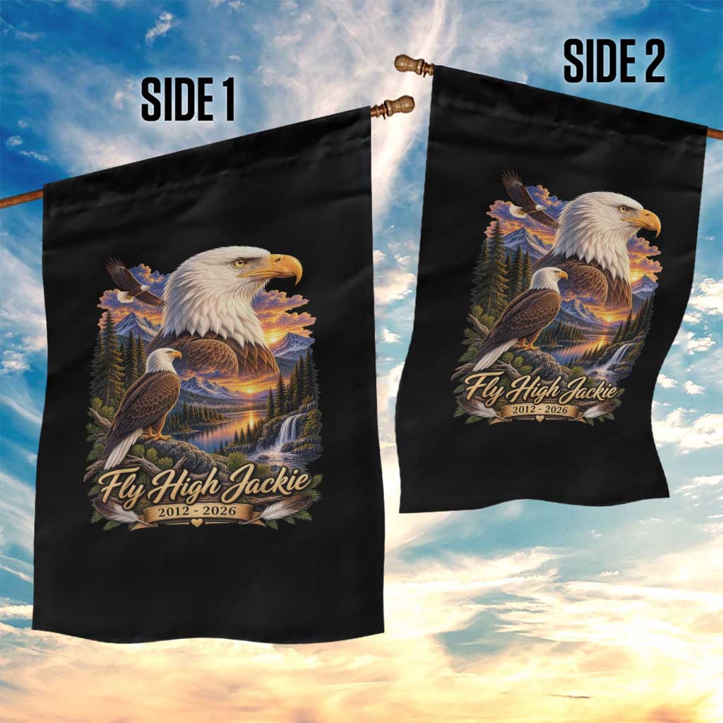 Fly High Jackie Bald Eagle Memorial Garden Flag Scenic Mountain Sunset Lake Nature Graphic TS02 Print Your Wear
