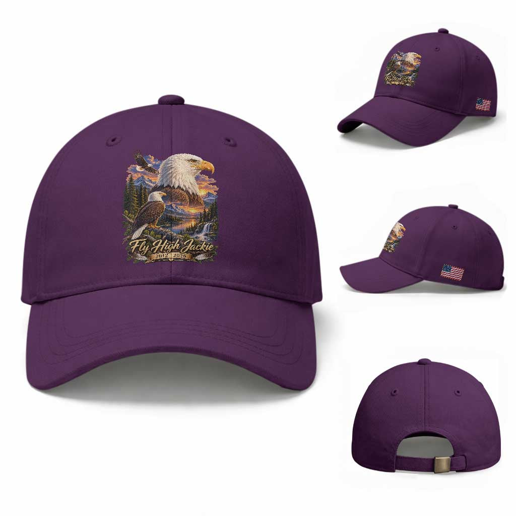 Fly High Jackie Bald Eagle Memorial Baseball Cap Scenic Mountain Sunset Lake Nature Graphic TS02 Baseball Cap Universal Fit Purple Print Your Wear