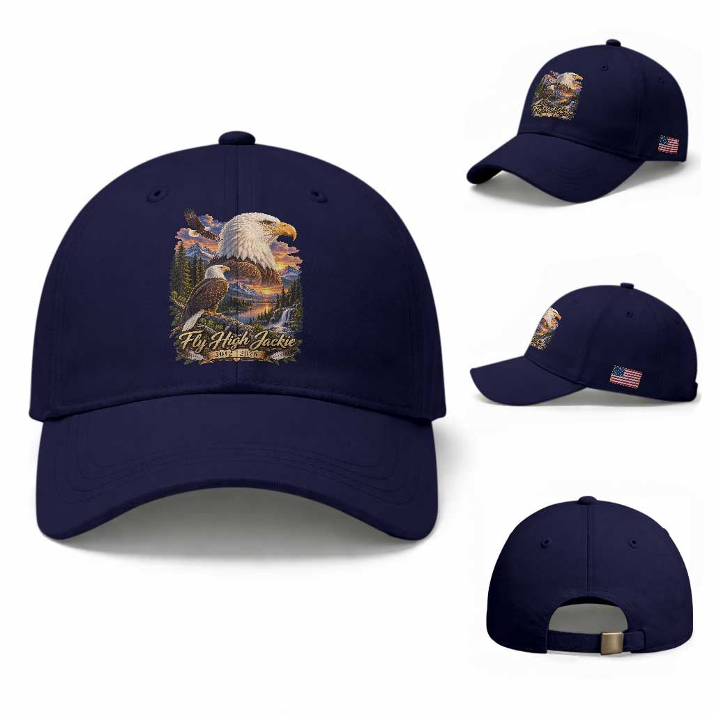 Fly High Jackie Bald Eagle Memorial Baseball Cap Scenic Mountain Sunset Lake Nature Graphic TS02 Baseball Cap Universal Fit Dark Blue Print Your Wear