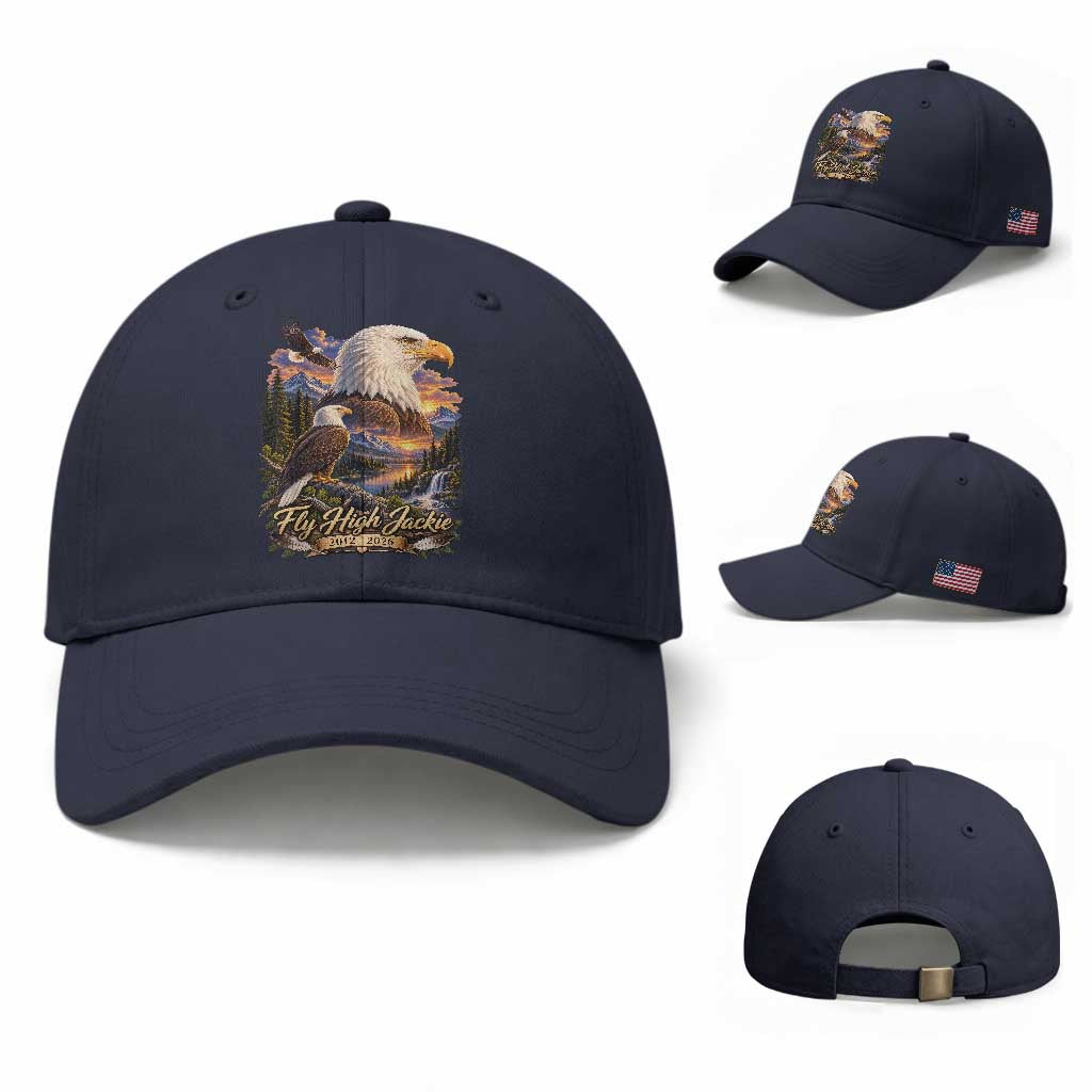 Fly High Jackie Bald Eagle Memorial Baseball Cap Scenic Mountain Sunset Lake Nature Graphic TS02 Baseball Cap Universal Fit Navy Print Your Wear