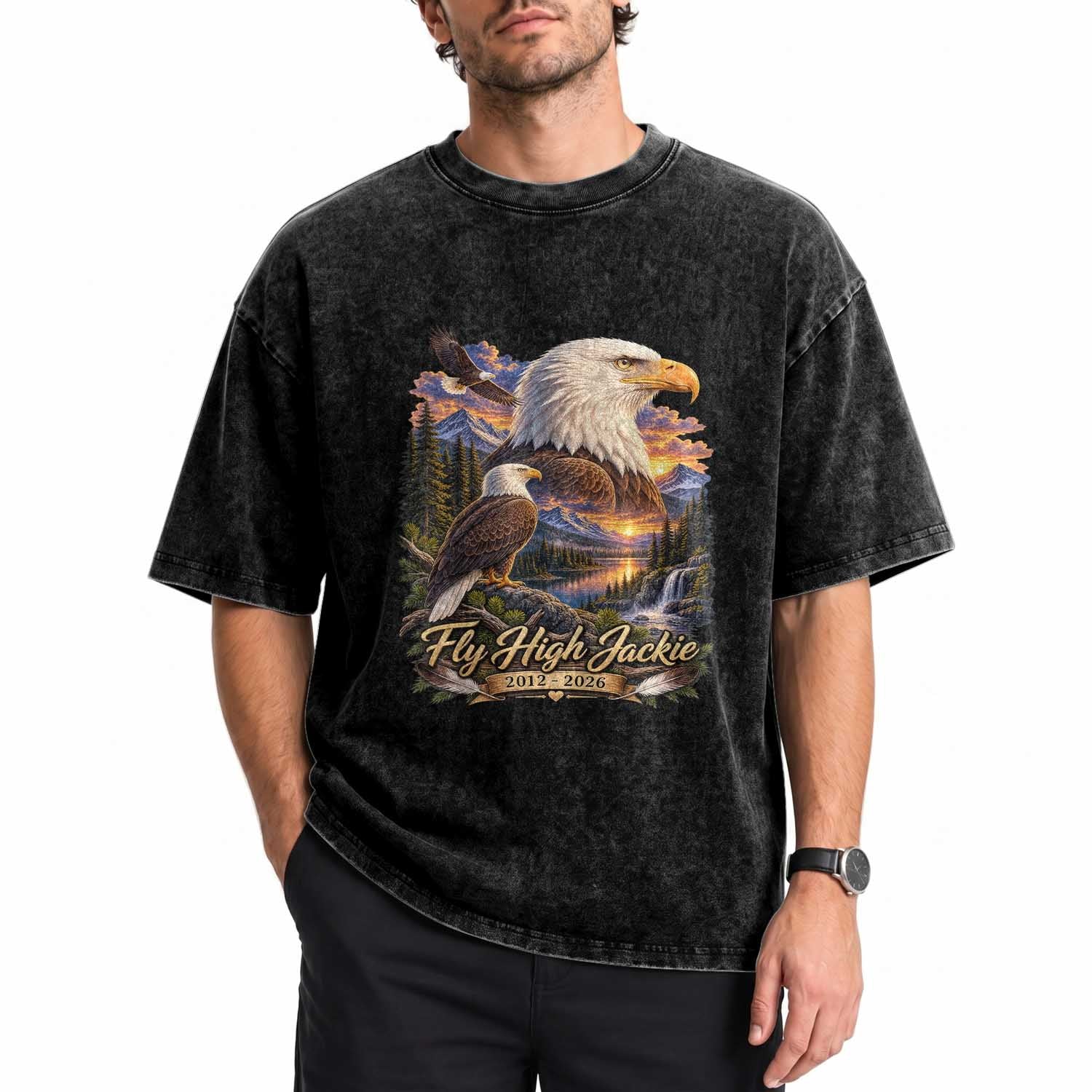 Fly High Jackie Bald Eagle Memorial Washed Cotton T-Shirt Scenic Mountain Sunset Lake Nature Graphic TS02 Print Your Wear