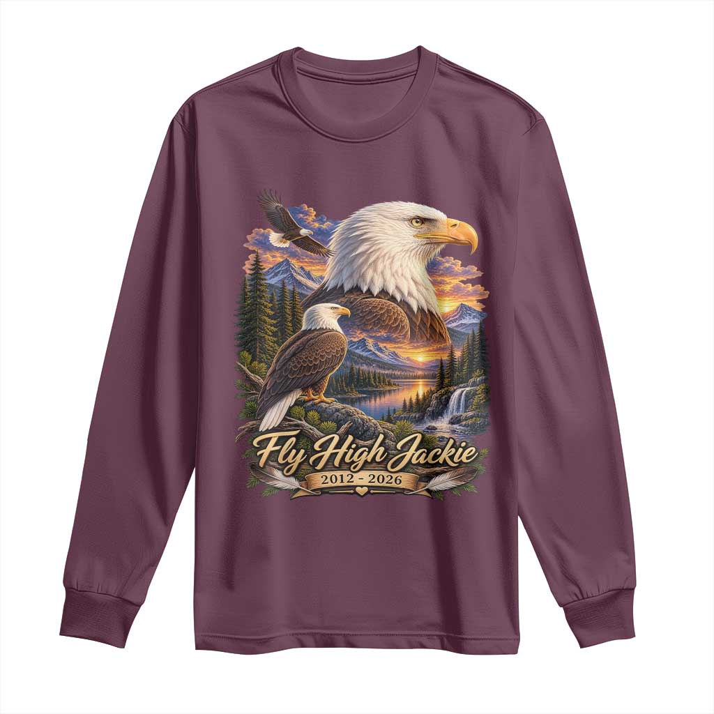Fly High Jackie Bald Eagle Memorial Long Sleeve Shirt Scenic Mountain Sunset Lake Nature Graphic TS02 Maroon Print Your Wear