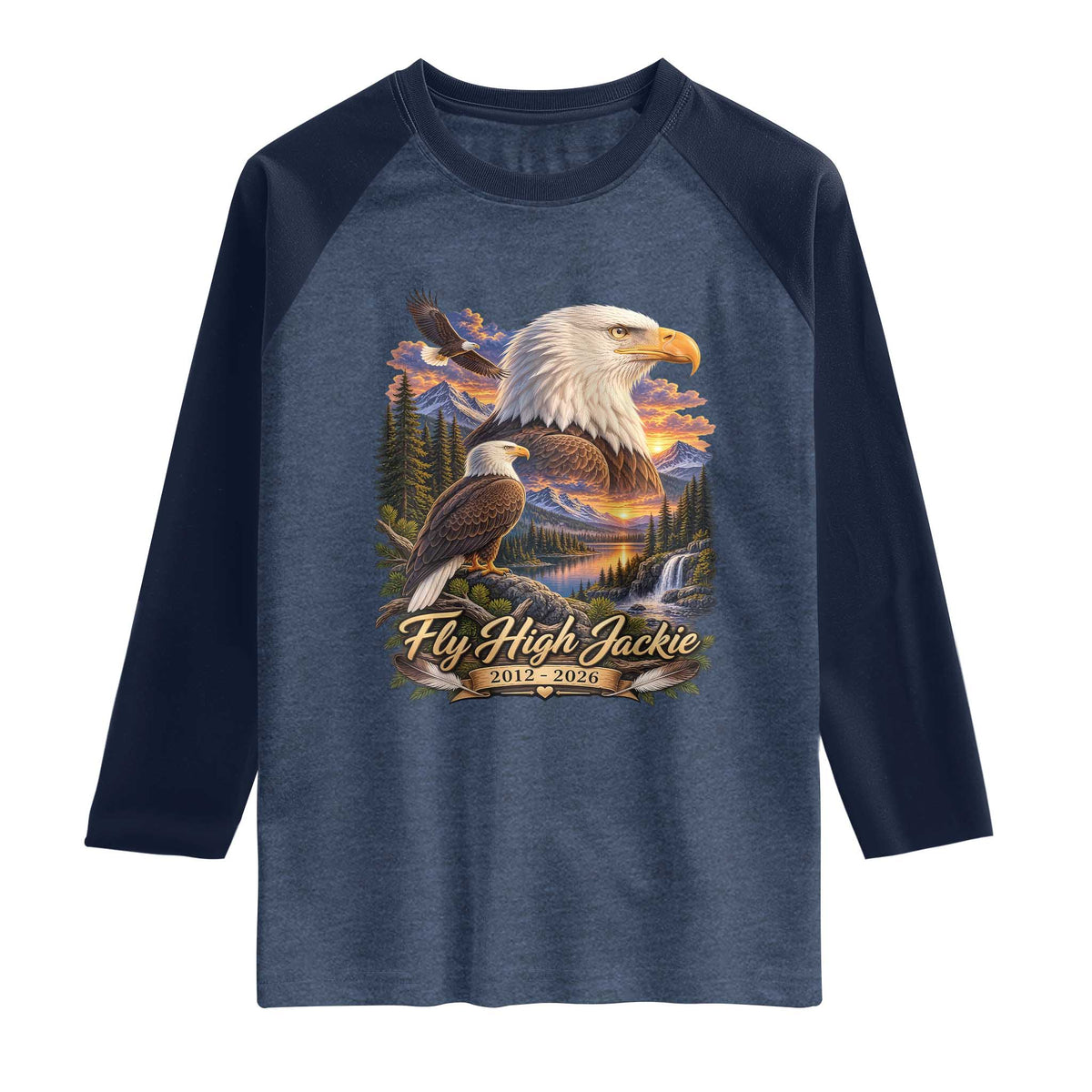 Fly High Jackie Bald Eagle Memorial Raglan Shirt Scenic Mountain Sunset Lake Nature Graphic TS02 Heather Denim Navy Print Your Wear