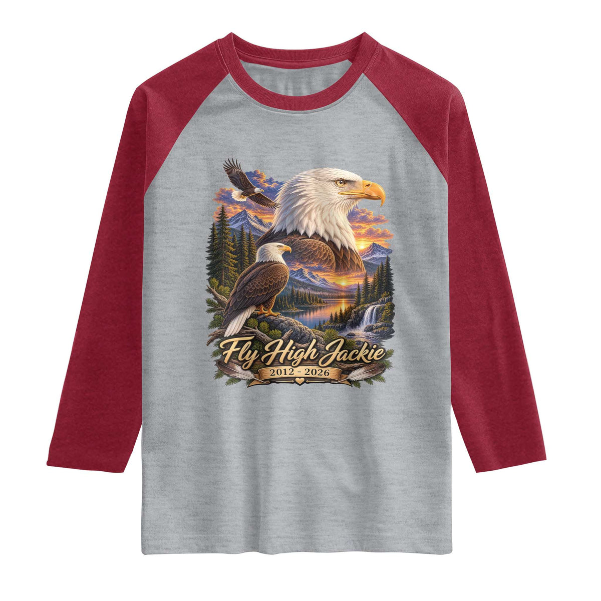 Fly High Jackie Bald Eagle Memorial Raglan Shirt Scenic Mountain Sunset Lake Nature Graphic TS02 Heather Gray Heather Red Print Your Wear