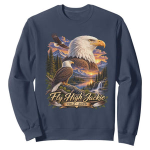 Fly High Jackie Bald Eagle Memorial Sweatshirt Scenic Mountain Sunset Lake Nature Graphic TS02 Navy Print Your Wear