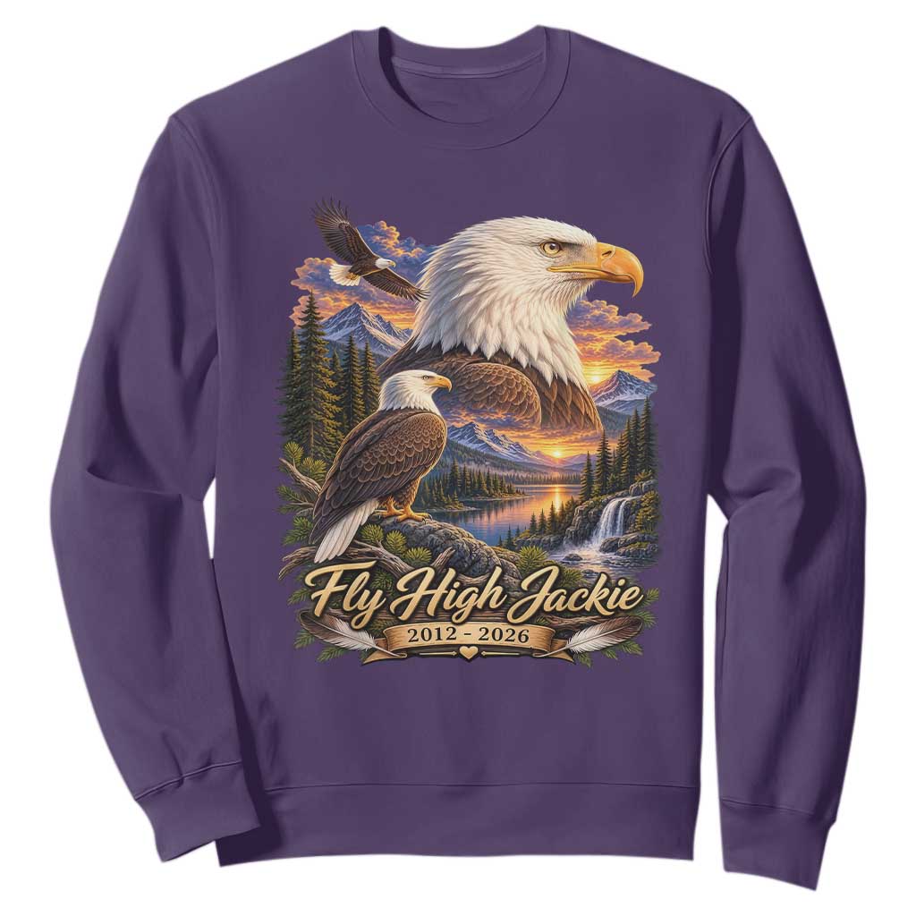 Fly High Jackie Bald Eagle Memorial Sweatshirt Scenic Mountain Sunset Lake Nature Graphic TS02 Purple Print Your Wear