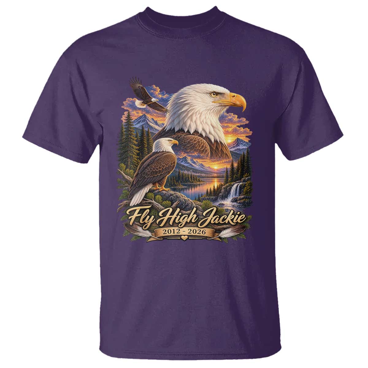 Fly High Jackie Bald Eagle Memorial T Shirt Scenic Mountain Sunset Lake Nature Graphic TS02 Purple Print Your Wear