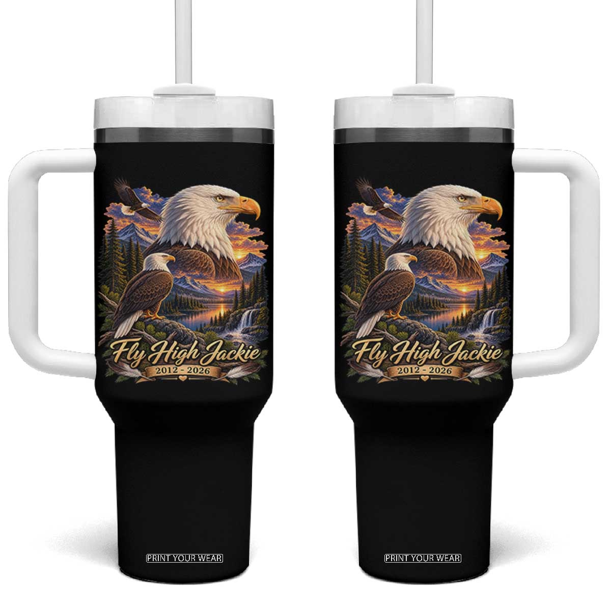 Fly High Jackie Bald Eagle Memorial Tumbler With Handle Scenic Mountain Sunset Lake Nature Graphic TS02 One Size: 40 oz Black Print Your Wear