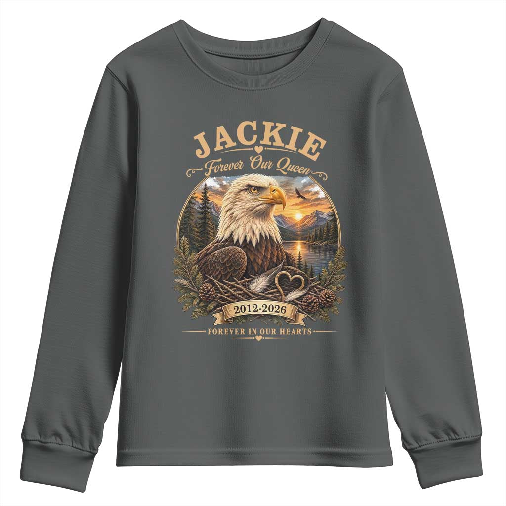 Jackie Forever Our Queen Bald Eagle Memorial Youth Sweatshirt Big Bear Lake Crest Tribute Graphic TS02 Dark Heather Print Your Wear