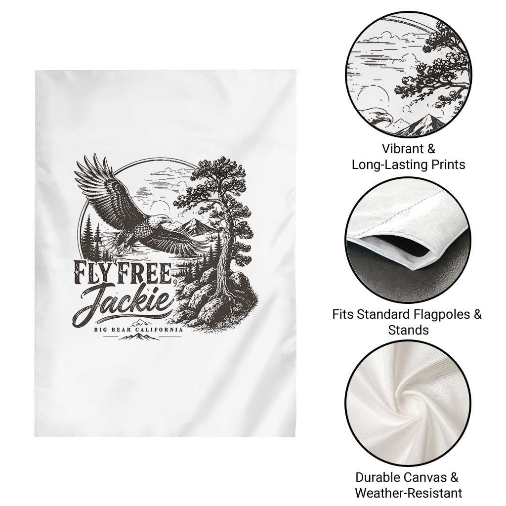 Fly Free Jackie Vintage Etching Soaring Eagle Garden Flag Big Bear Lake Wilderness Graphic TS02 Print Your Wear
