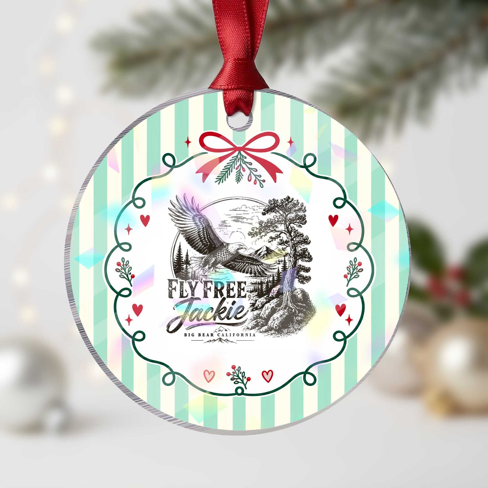 Fly Free Jackie Vintage Etching Soaring Eagle Holographic Acrylic Ornament Big Bear Lake Wilderness Graphic