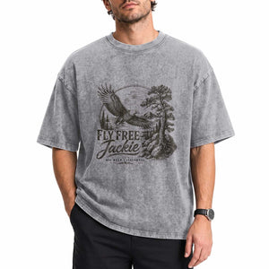 Fly Free Jackie Vintage Etching Soaring Eagle Washed Cotton T-Shirt Big Bear Lake Wilderness Graphic TS02 Print Your Wear