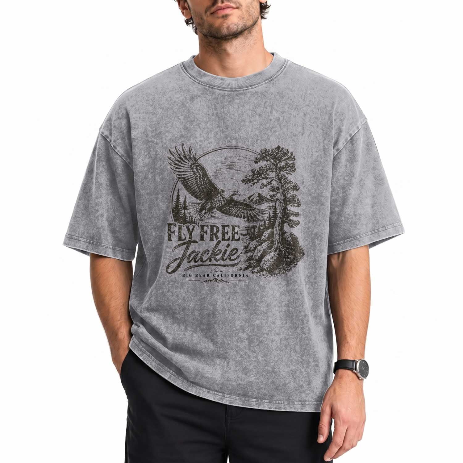 Fly Free Jackie Vintage Etching Soaring Eagle Washed Cotton T-Shirt Big Bear Lake Wilderness Graphic TS02 Print Your Wear
