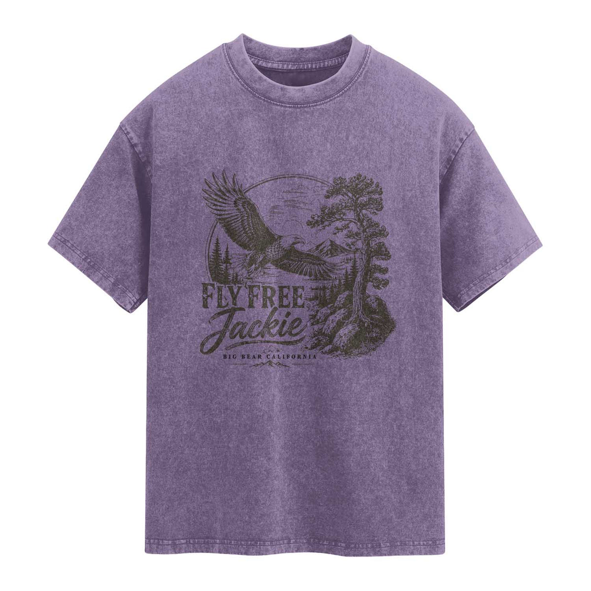 Fly Free Jackie Vintage Etching Soaring Eagle Washed Cotton T-Shirt Big Bear Lake Wilderness Graphic TS02 Purple Print Your Wear