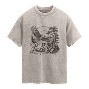 Fly Free Jackie Vintage Etching Soaring Eagle Washed Cotton T-Shirt Big Bear Lake Wilderness Graphic TS02 Sand Print Your Wear