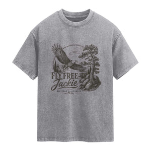 Fly Free Jackie Vintage Etching Soaring Eagle Washed Cotton T-Shirt Big Bear Lake Wilderness Graphic TS02 Slate Gray Print Your Wear