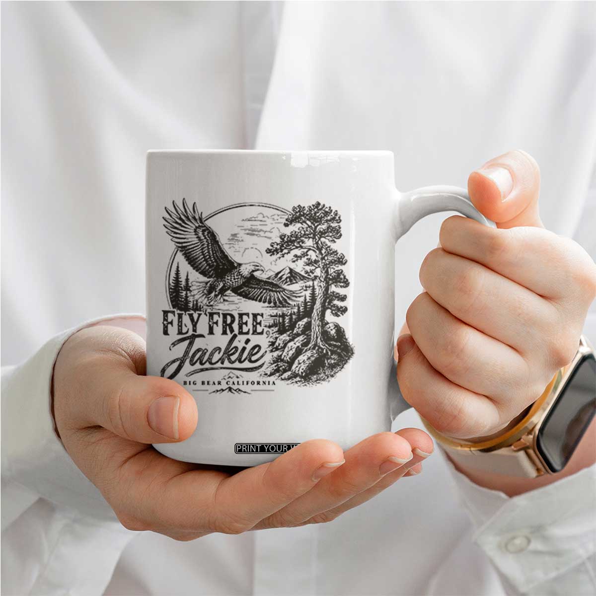 Fly Free Jackie Vintage Etching Soaring Eagle Coffee Mug Big Bear Lake Wilderness Graphic TS02 Print Your Wear