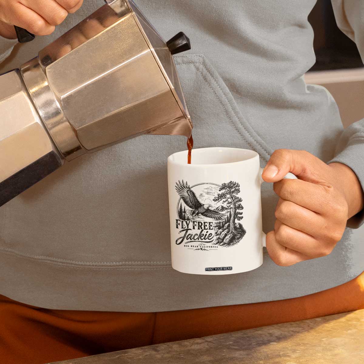 Fly Free Jackie Vintage Etching Soaring Eagle Coffee Mug Big Bear Lake Wilderness Graphic TS02 Print Your Wear