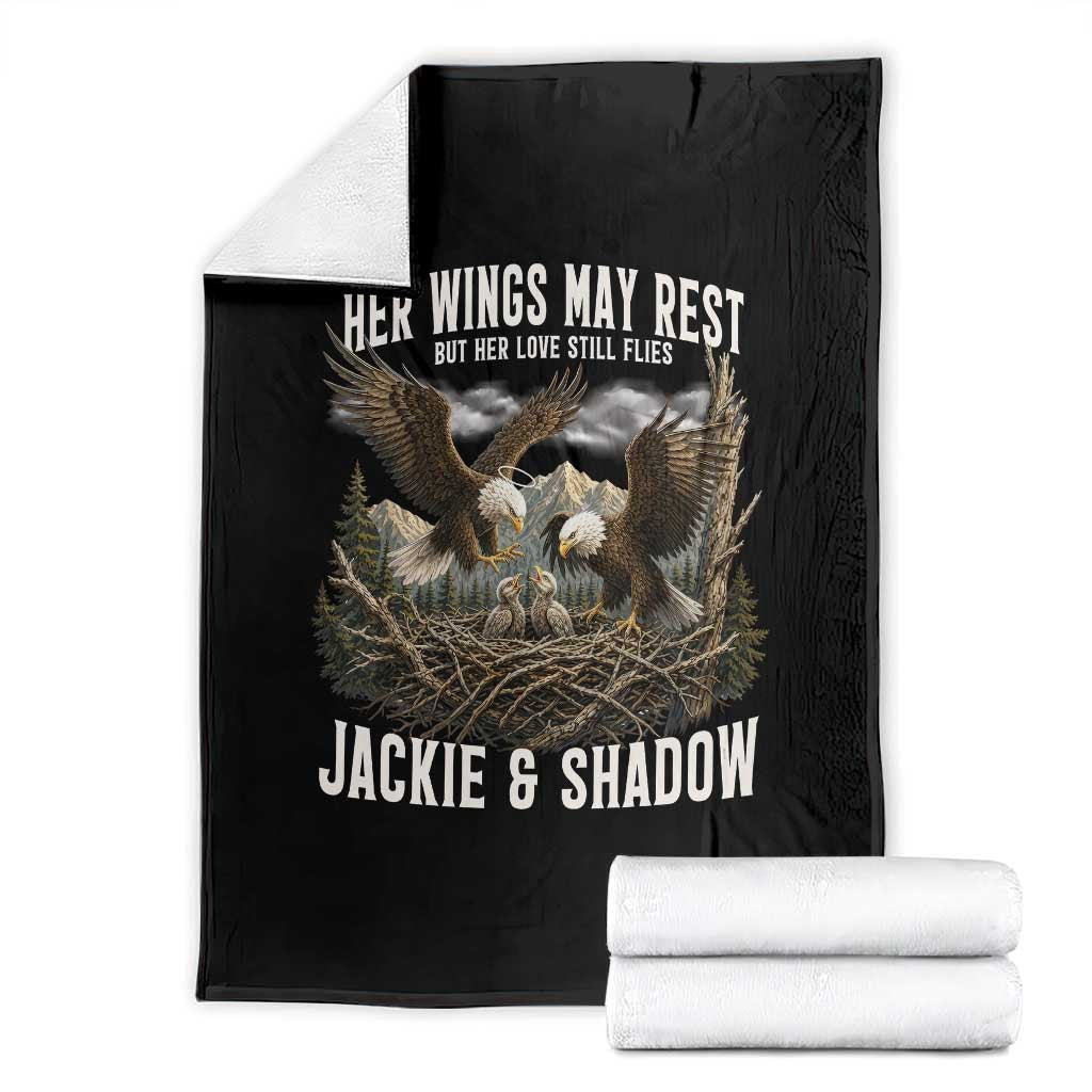 Her Wings May Rest Jackie and Shadow Throw Blanket Bald Eagle Nest Family Tribute Graphic TS02 Black Print Your Wear