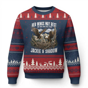 Her Wings May Rest Jackie and Shadow Ugly Christmas Sweater Bald Eagle Nest Family Tribute Graphic TS02 Navy Red Print Your Wear