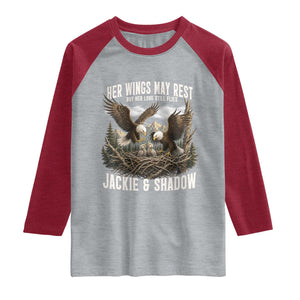 Her Wings May Rest Jackie and Shadow Raglan Shirt Bald Eagle Nest Family Tribute Graphic TS02 Heather Gray Heather Red Print Your Wear
