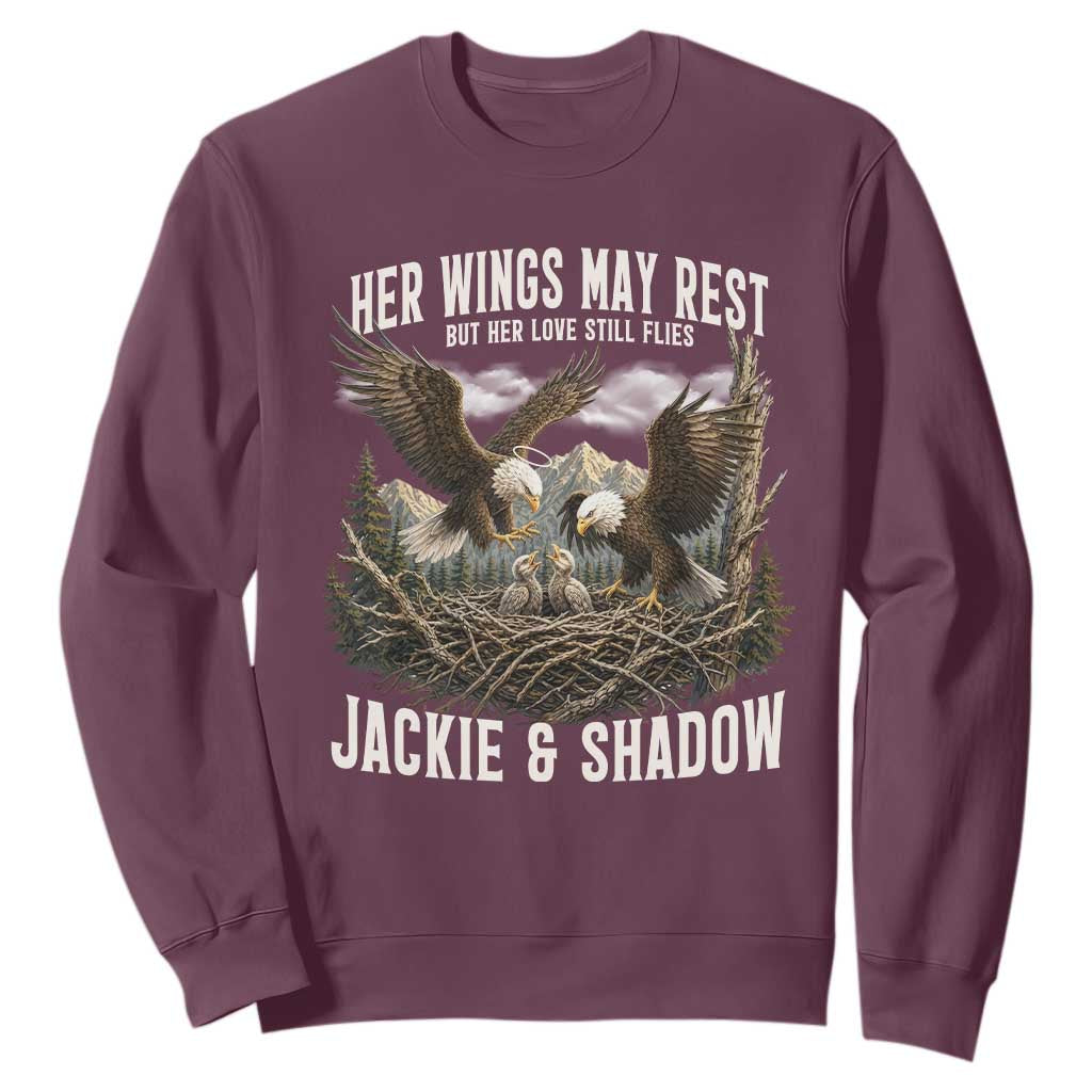 Her Wings May Rest Jackie and Shadow Sweatshirt Bald Eagle Nest Family Tribute Graphic TS02 Maroon Print Your Wear