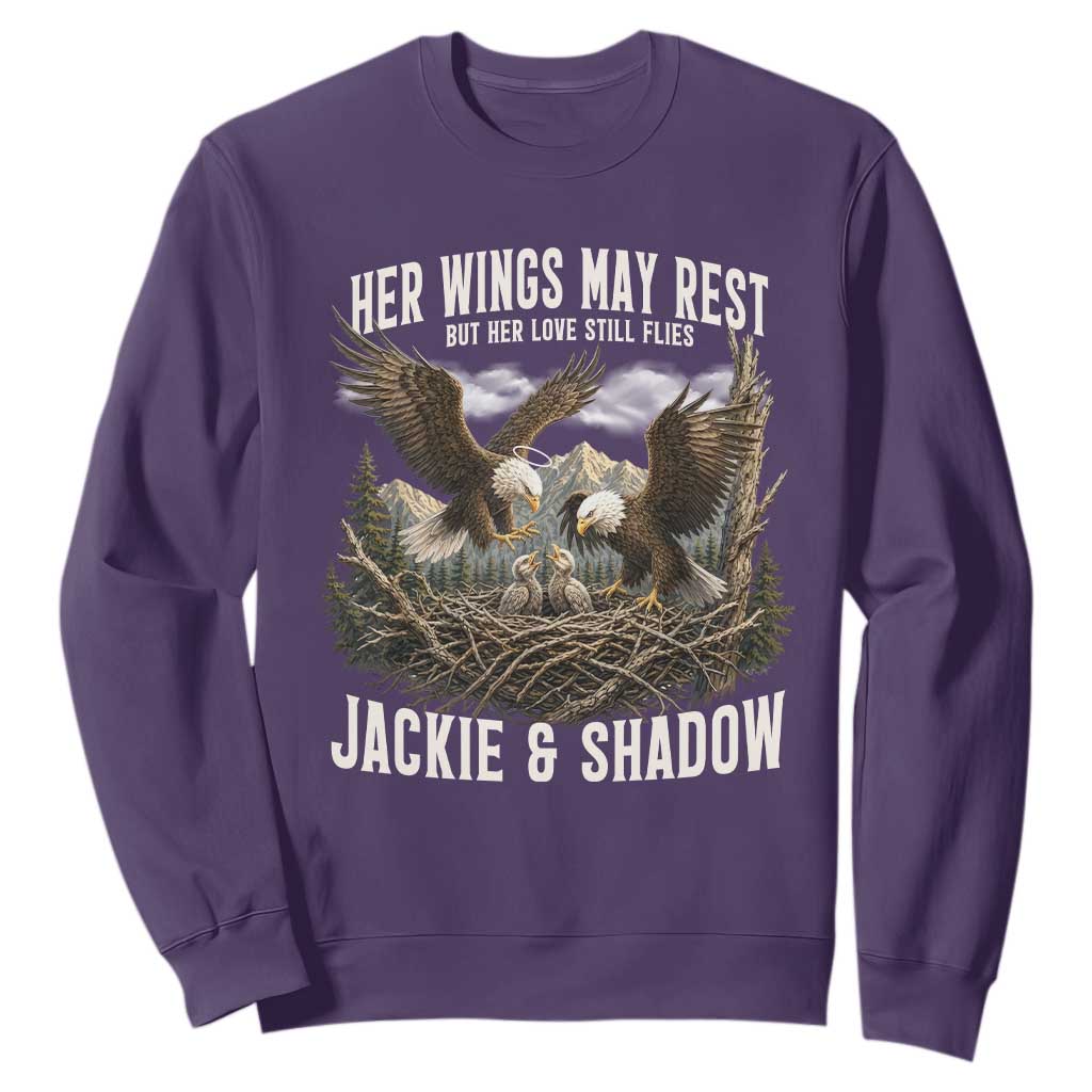 Her Wings May Rest Jackie and Shadow Sweatshirt Bald Eagle Nest Family Tribute Graphic TS02 Purple Print Your Wear