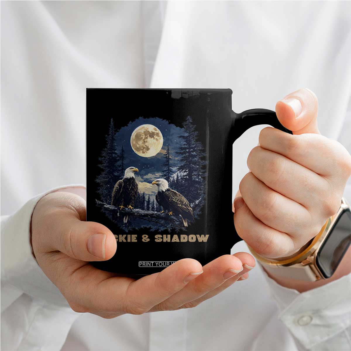 Jackie and Shadow Bald Eagle Couple Coffee Mug Full Moon Forest Vintage Nature Graphic TS02 Print Your Wear